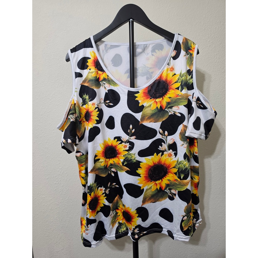 Sunflower Cow Print Cold Shoulder Top Short Sleeve 2XL Black White Yellow